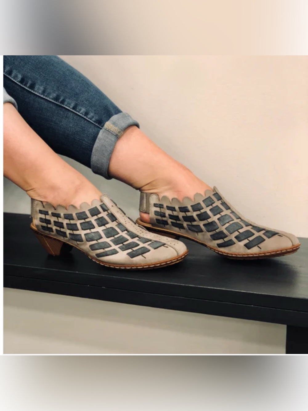 NWOT Rieker Antistress Sina 78 Woven Slingback Leather Comfort Heel Shoes Grey 8